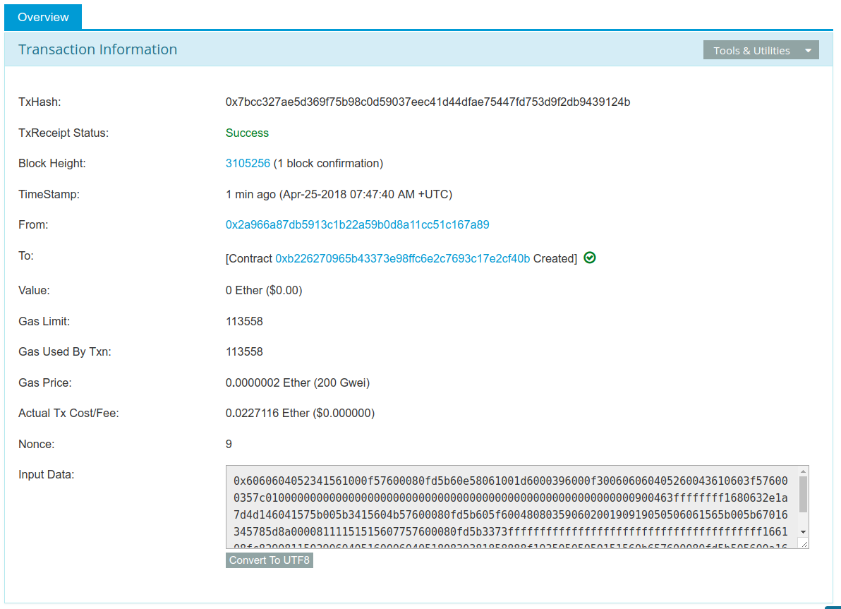 Etherscan showing the contract successfully mined