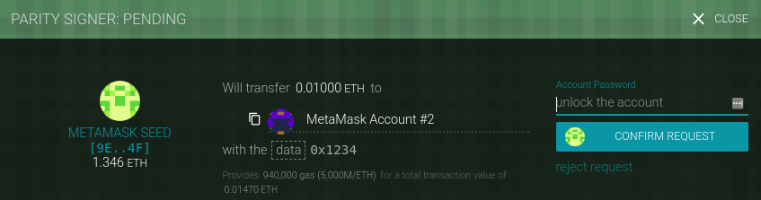 Parity wallet showing a transaction with value and data