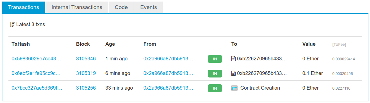 Etherscan showing the transactions for sending and receiving funds