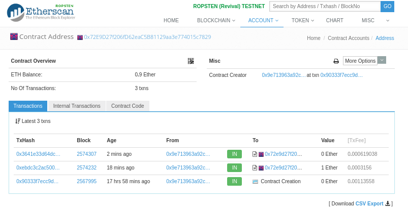 Etherscan shows the transaction calling the withdraw function