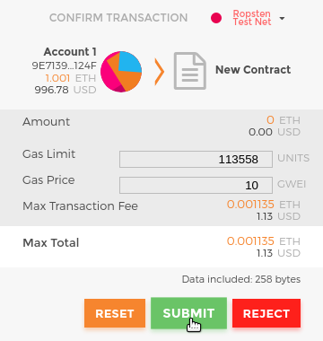 MetaMask showing the contract creation transaction
